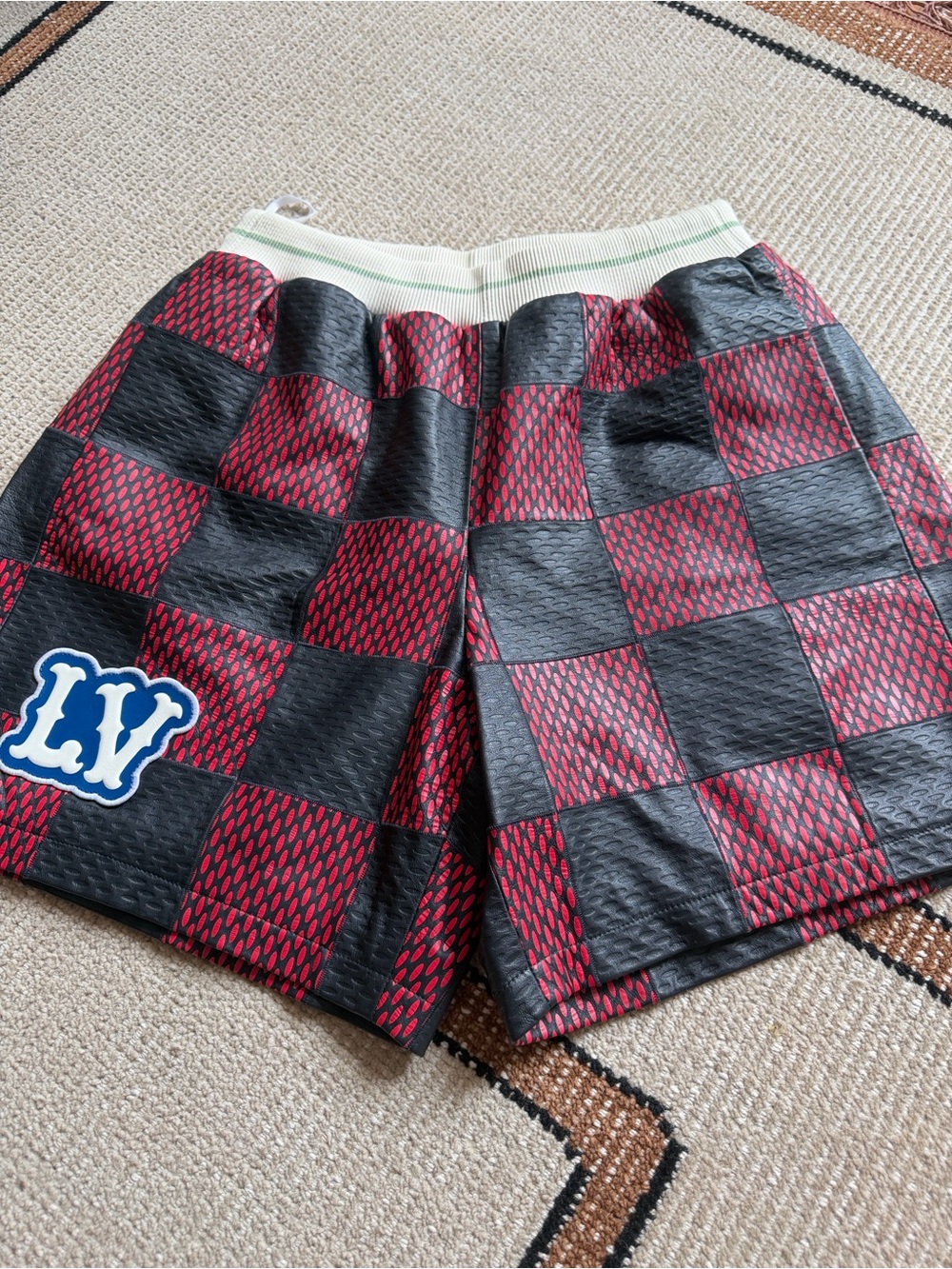 Louis Vuitton Men's Checkerboard Athletic Shorts in Burgundy and Black